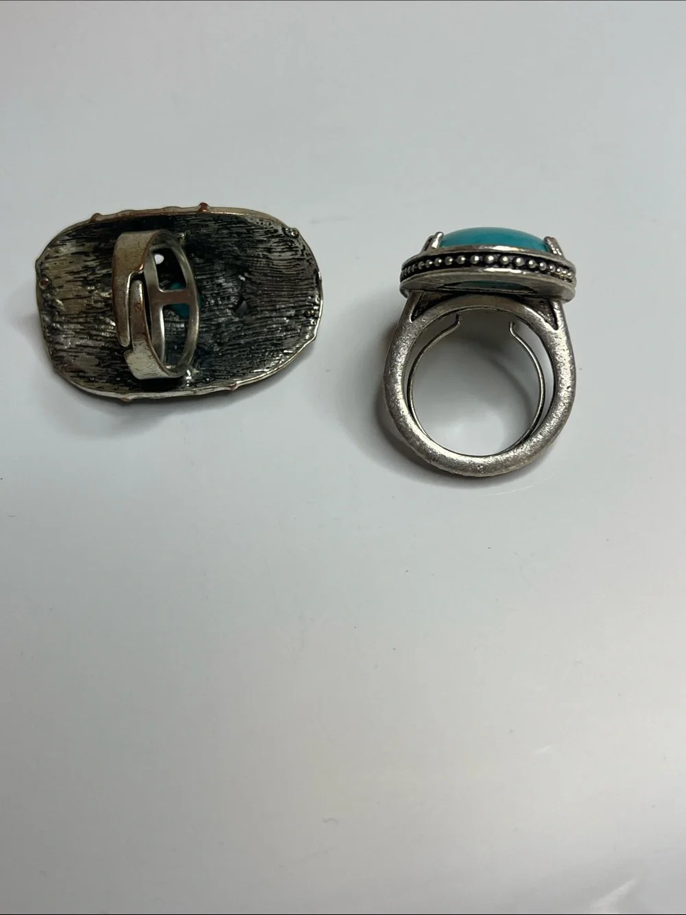 Turquoise and Coral Accent Silver Rings - Teal Blue Statement Jewelry